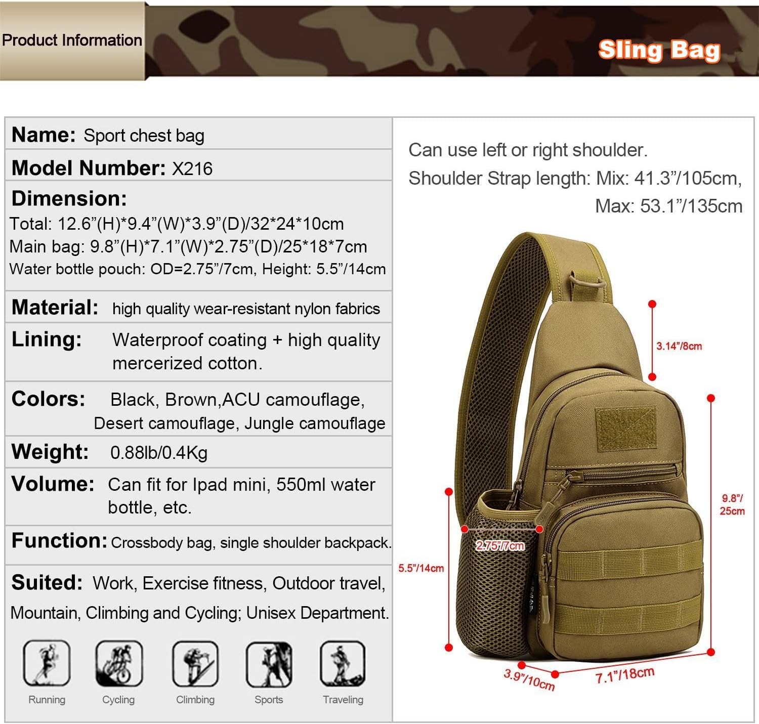 UNISTRENGH Tactical Sling Bag Chest Pack Molle Daypack iPad Mini Military Shoulder Bag Crossbody Duty Gear Backpack (Jungle Camouflage)
