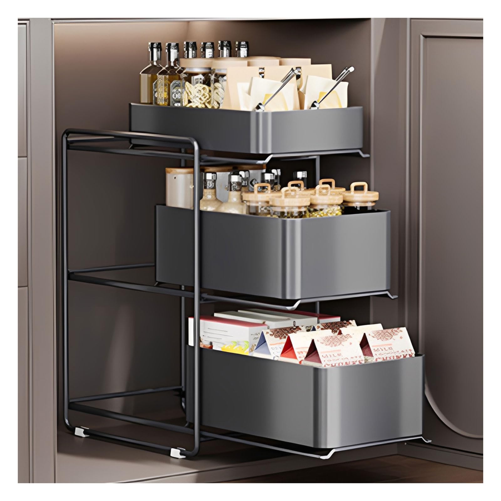 Cesta deslizante extraíble de 3 niveles para organizar el armario de tu cocina de forma fácil