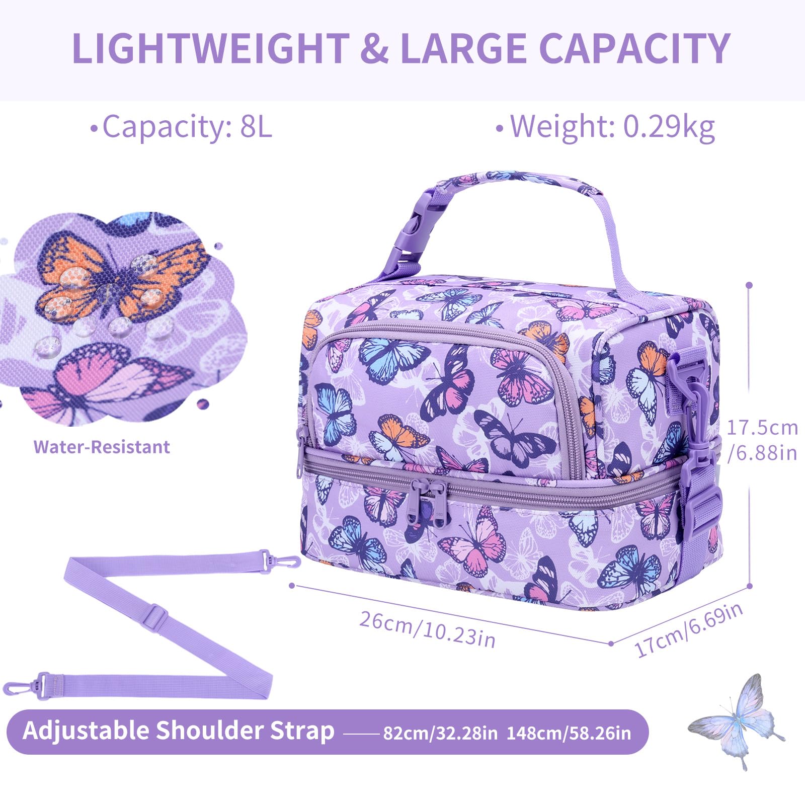 Chase Chic Lunch Bag for Girls, Insulated Reusable Large Cute Dual Lunch Bag Box Container for Kids Toddler School Daycare Purple Butterfly