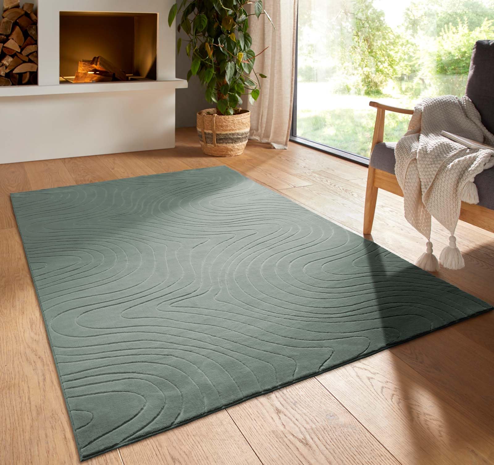 Kurzflor Boho Vintage Teppich waschbar, pflegeleicht geeignet für Wohnzimmer, Schlafzimmer und Kinderzimmer Kinderteppich auch als Badematte Badzimmerteppich Grün abstrakte Wellen 200x290 cm