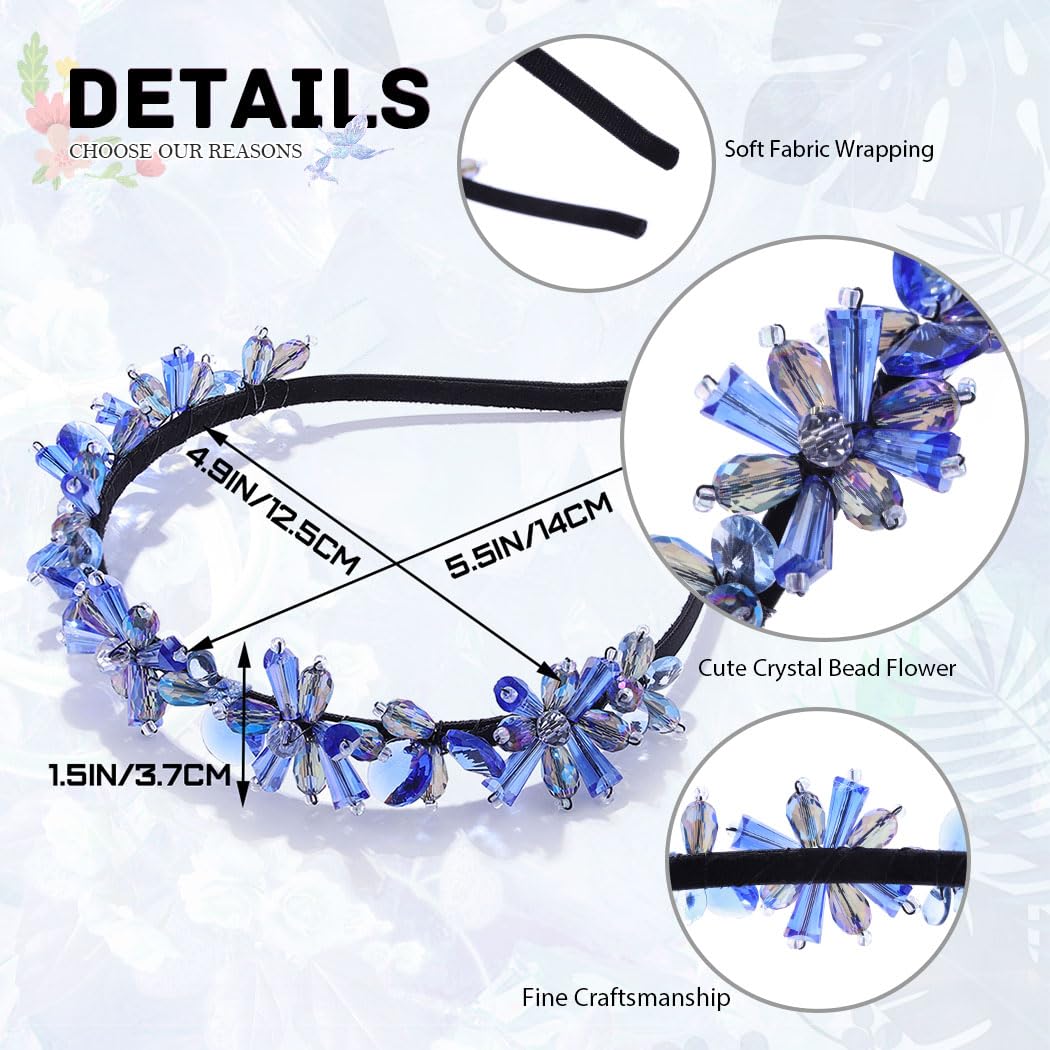Formery Blue Crystals Headband Wedding Beaded Flower Headpiece Hair Accessories for Women - Image 4
