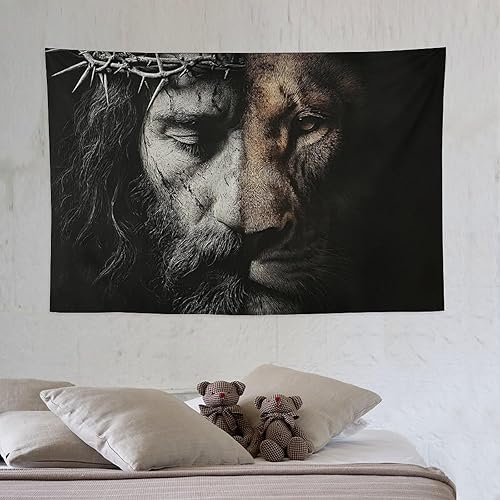 Miniatura 6 de JYOUQOC Tapiz de Jesús y el León para colgar en la pared, decoración artística de pared grande, telón de fondo para dormitorio, sala de estar,