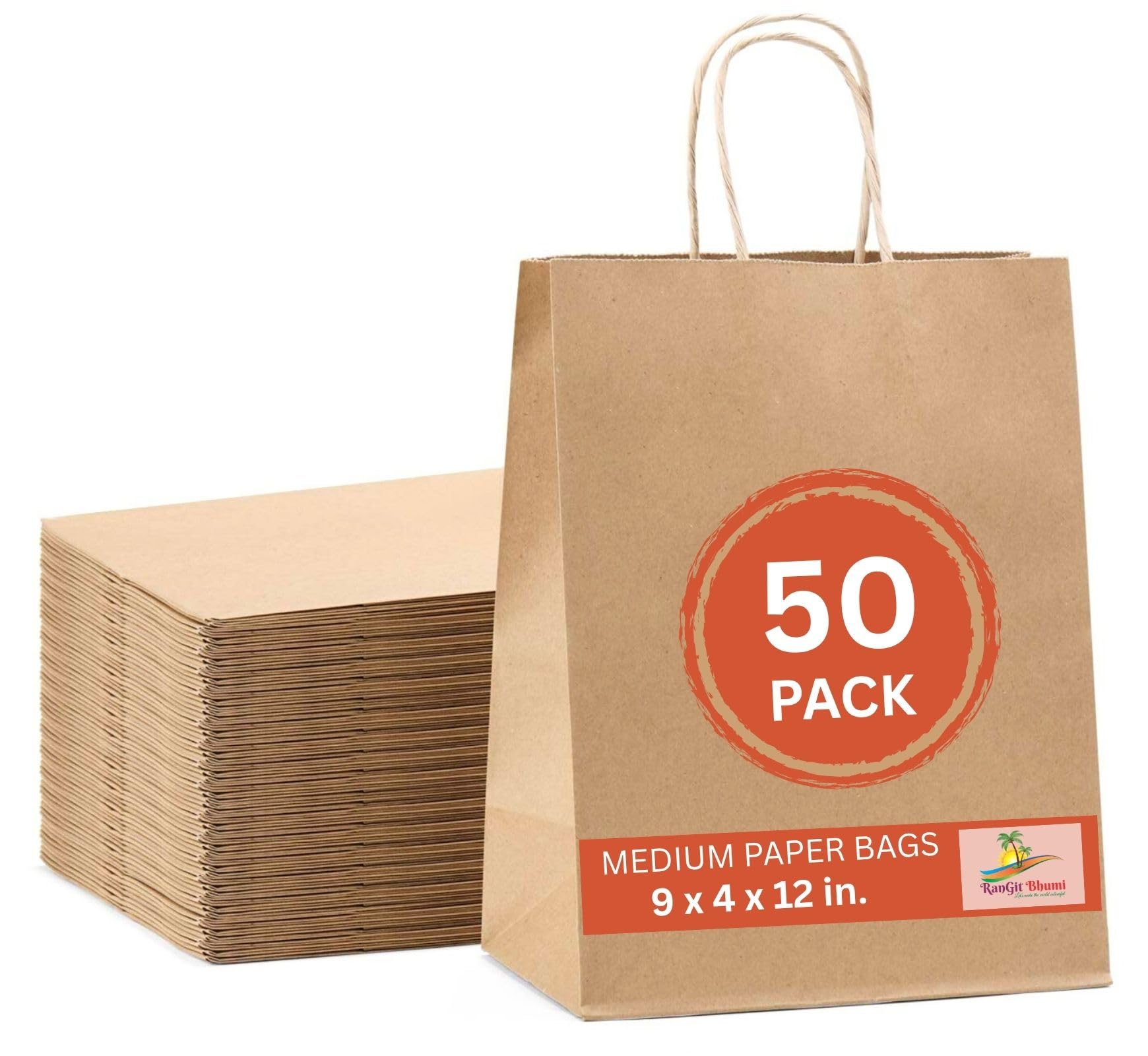 RanGit Bhumi ® Kraft Paper Bags with H&les - 9"x12"x4" 50pcs Medium Brown Paper Carry Bags for Shopping Retail,Merch&ise,Party Favor Return Gift Bags,Disposable Paper Covers (9x4x12 in Brown,50 pack)