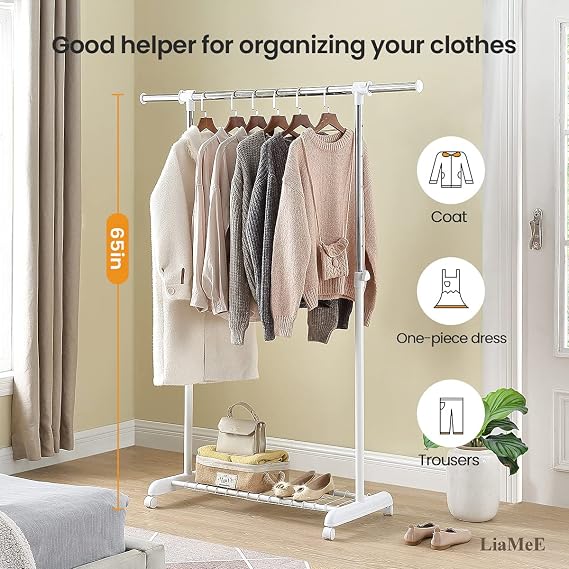 LiaMeE Adjustable Clothing Rack for Hanging Clothes, Heavy Duty Garment Rack with Wheels,Free Standing Rolling Clothes Rack with Shelf & Grid, Easy Assembly Standard Rod, White & Chrome