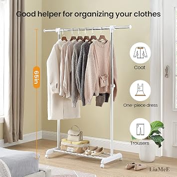 LiaMeE Adjustable Clothing Rack for Hanging Clothes, Heavy Duty Garment Rack with Wheels,Free Standing Rolling Clothes Rack with Shelf & Grid, Easy Assembly Standard Rod, White & Chrome