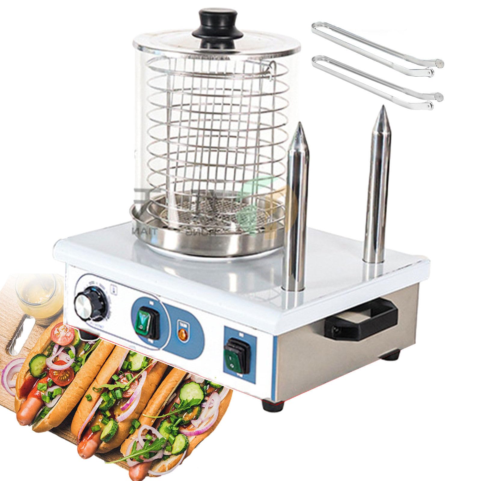 UMJIGF Hot Dog Bun Steamer, Electric Sausage Machine with 2 Grilling Tongs, 24 Hot Dog and 12 Bun Capacity, Hot Dog Roller Machine,