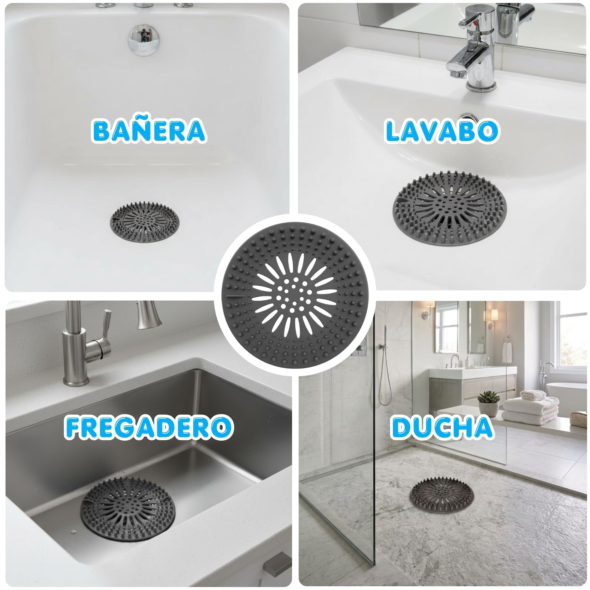 Atrapa Pelos Ducha | Rejilla Desague Ducha | Pack de 2 Unidades Color Gris con Ventosas | Filtro Desague para Bañera y Fregadero | para Evitar Cucarachas y Atascos.