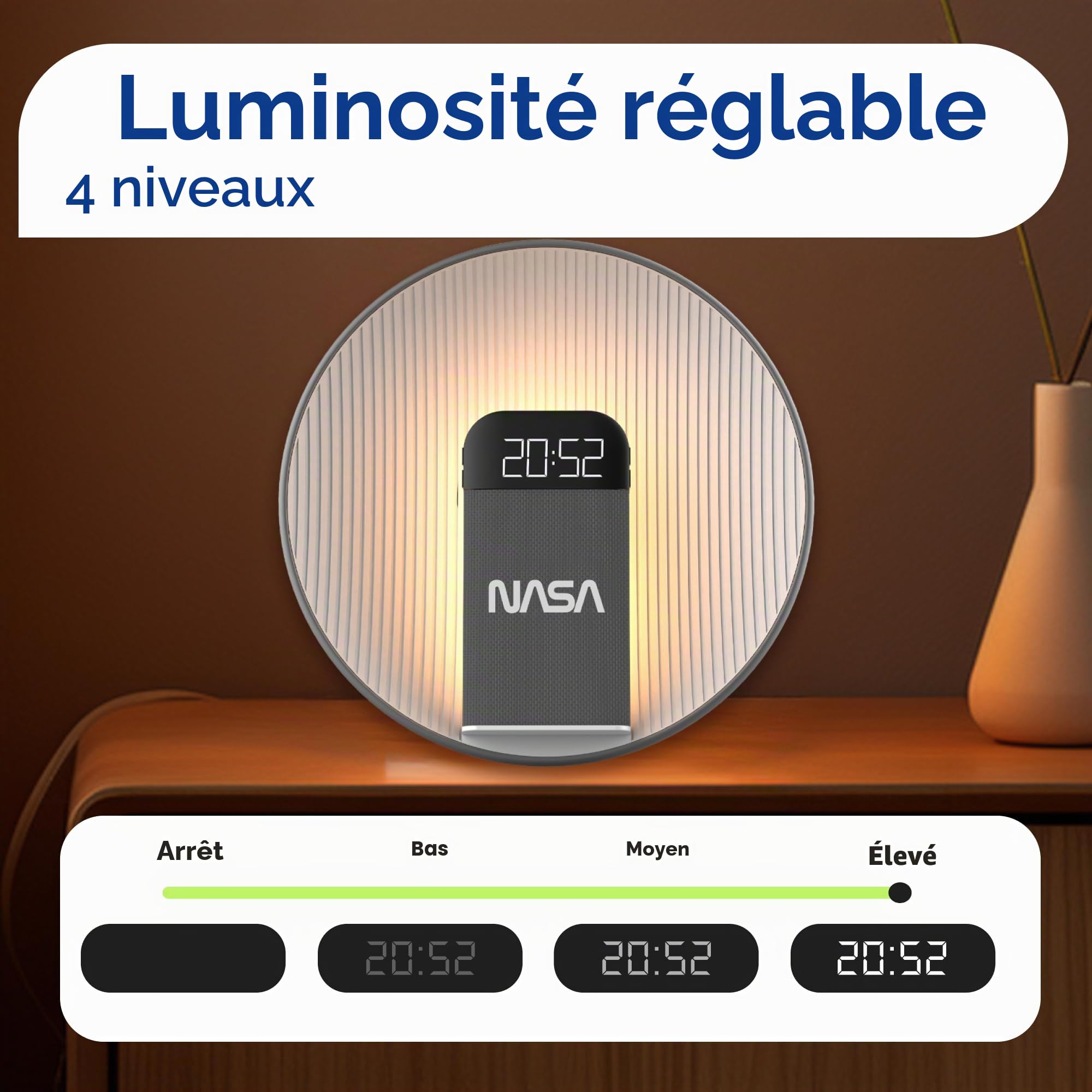 NASA SPC600 Réveil Bluetooth 5.3 avec Enceinte 5W RMS, Charge sans Fil Qi 15W, Double Alarme, LED Réveil 3000K, USB-C/USB-A, Design Gris