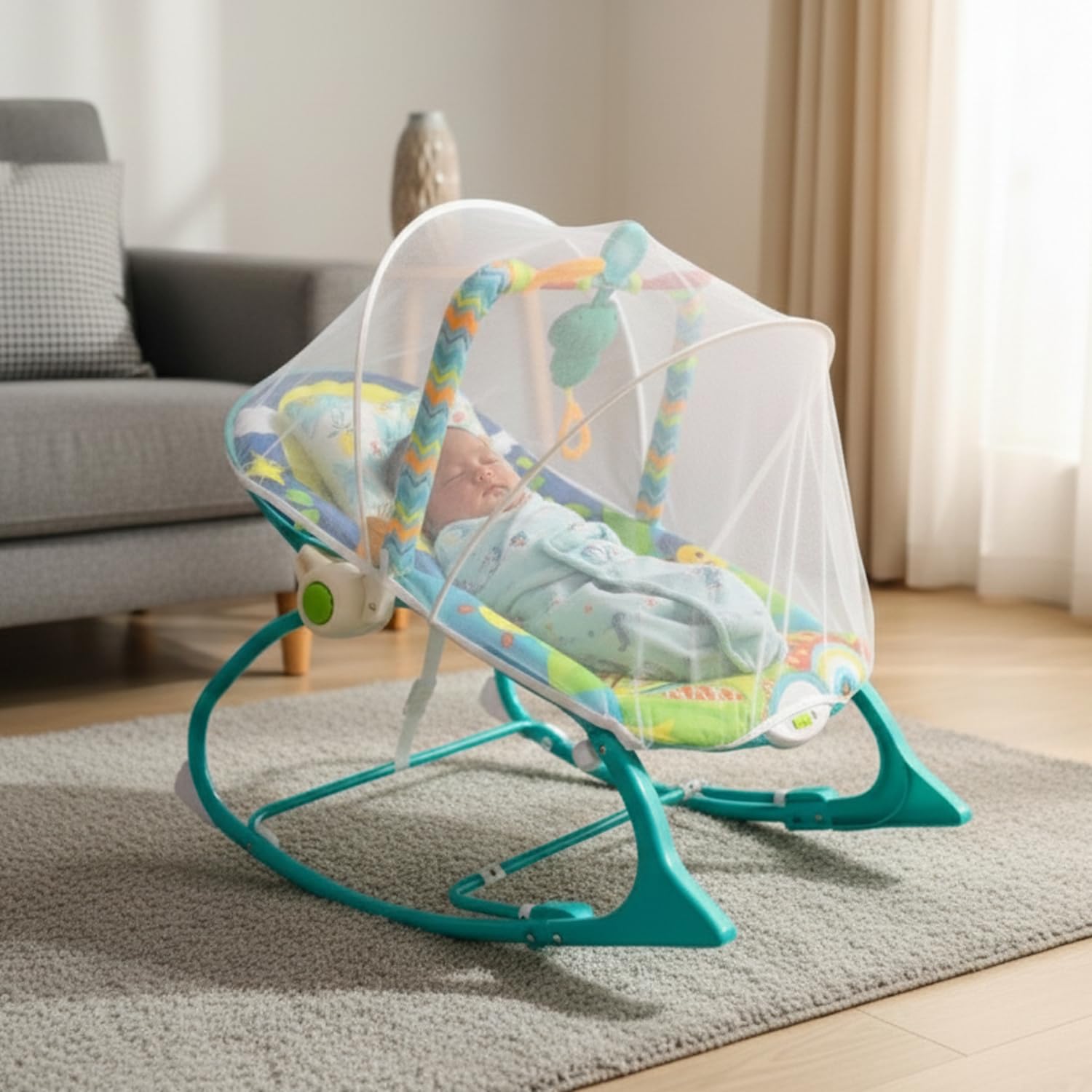 Safe-O-Kid® Acoustic Baby Rocker Cum Bouncer with 1 Year Warranty, Multi-Position Reclining, with Vibrations, Safety Harness and Toy Bar- Blue