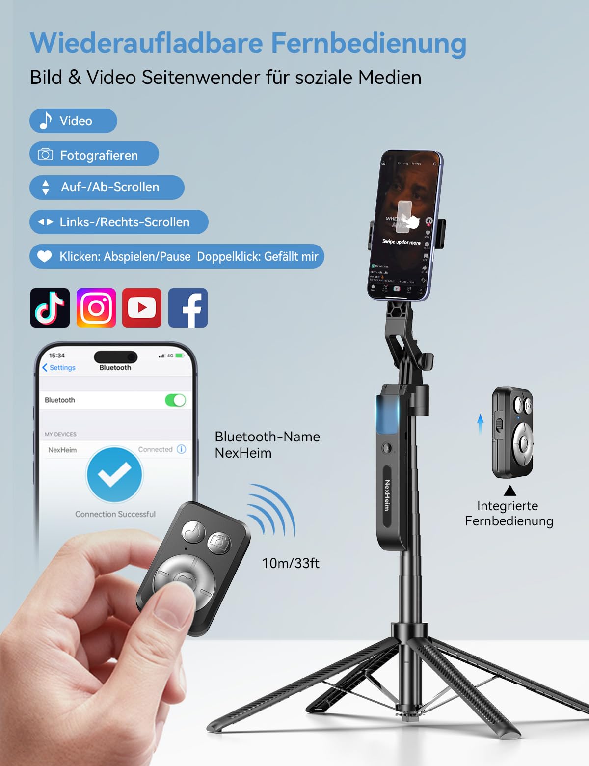 KI - Trípode para teléfono móvil con rastreo, palo selfie de 180 cm y trípode para smartphone, soporte magnético y de sujeción para teléfono móvil, seguimiento automático, seguimiento facial