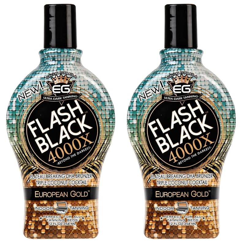 Loção bronzeadora European Gold Flash Black 4000X para bronzeamento em cabine, Pacote com 2 frascos de 355 mL