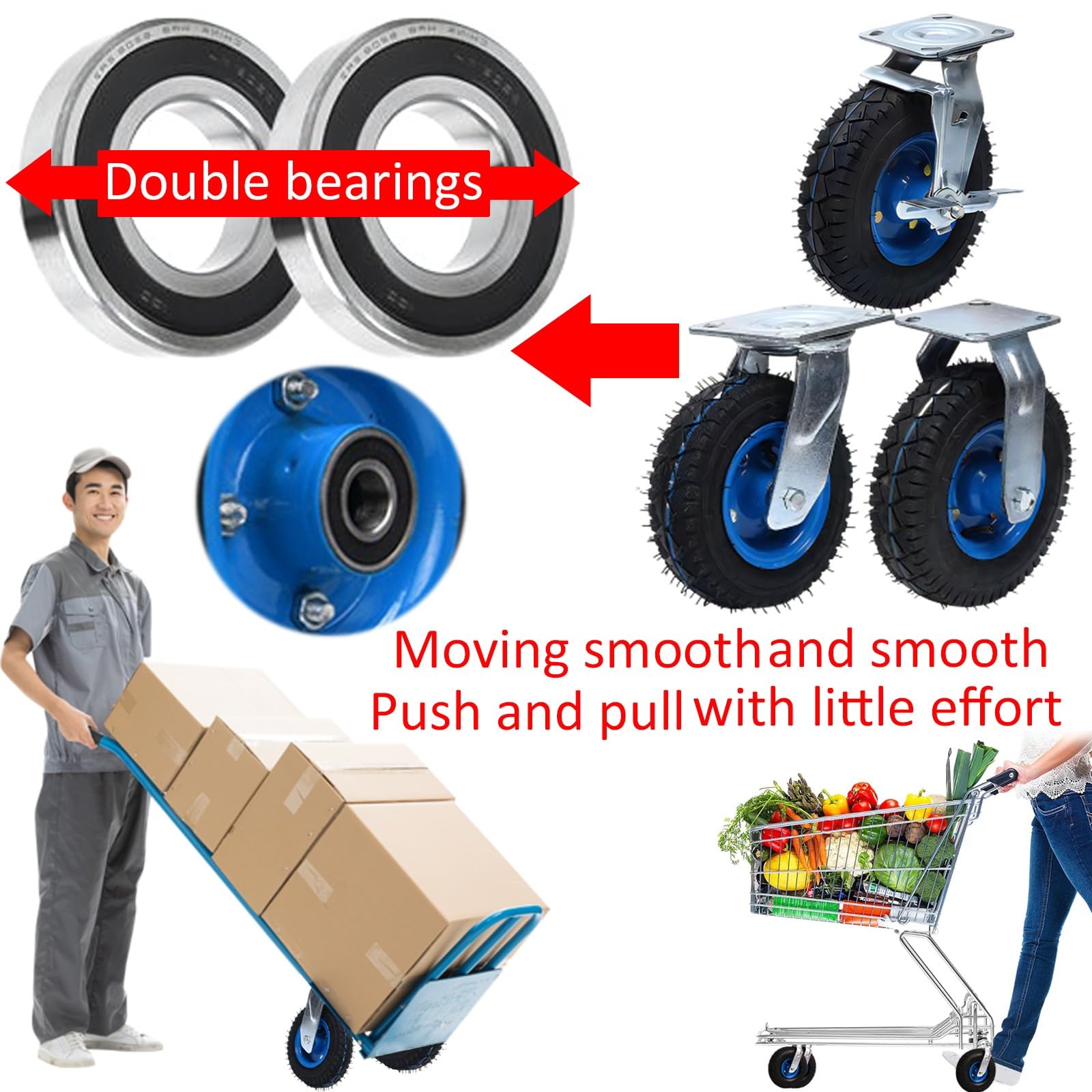 LIGUOYI 2 Stück Gummi Transportrollen, Geräuschlose Schwerlast Bockrolle Ø 150/200/250MM Keine Spuren & Leise Leicht Zu Installieren 360 Grad Drehbar Lenkrollen Mit Bremse, Transportwagen