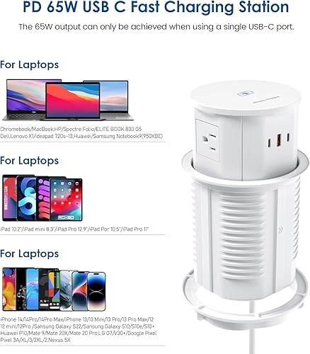 Miniatura 3 de Toma de corriente desplegable para encimera con cargador inalámbrico de 15 W, estación de carga USB C de 65 W, 4 tomas, 2 USB C, USB A, receptáculo