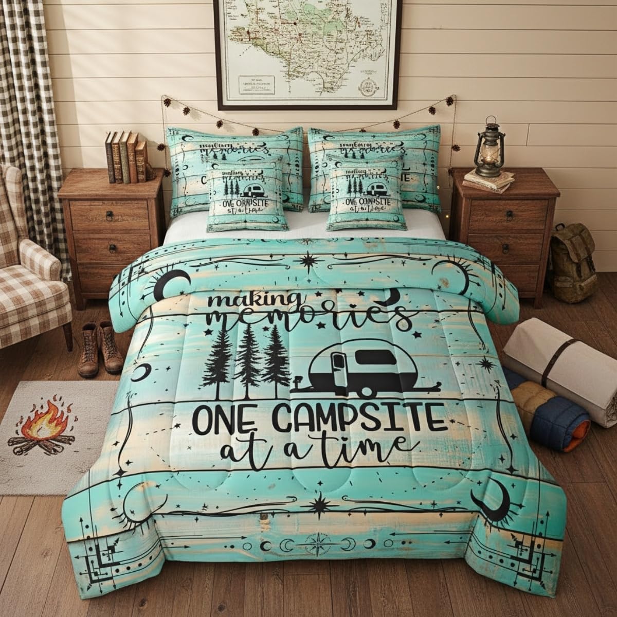 Erosebridal Camper Comforter Set 7 Pieces Bed in A Bag Twin Size, Happy Camping Comforter Rv Decorations for Inside, Vintage Rustic Farmhouse Sheet Set, Sun Moon Starry Sky Bedding Sets, Reversible