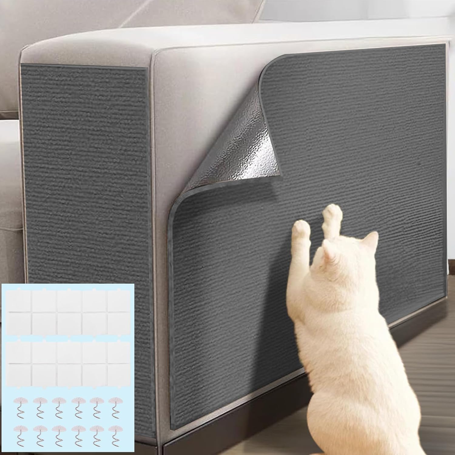 Cat Scratch Furniture Protector - Self Adhesive Trimmable Cat Scratching Mat for Couch or Wall Protector, Durable, Replacement, Easy Installation, Prevent Cats from Scratching Furniture 15.8’’x78.7’’ Grey