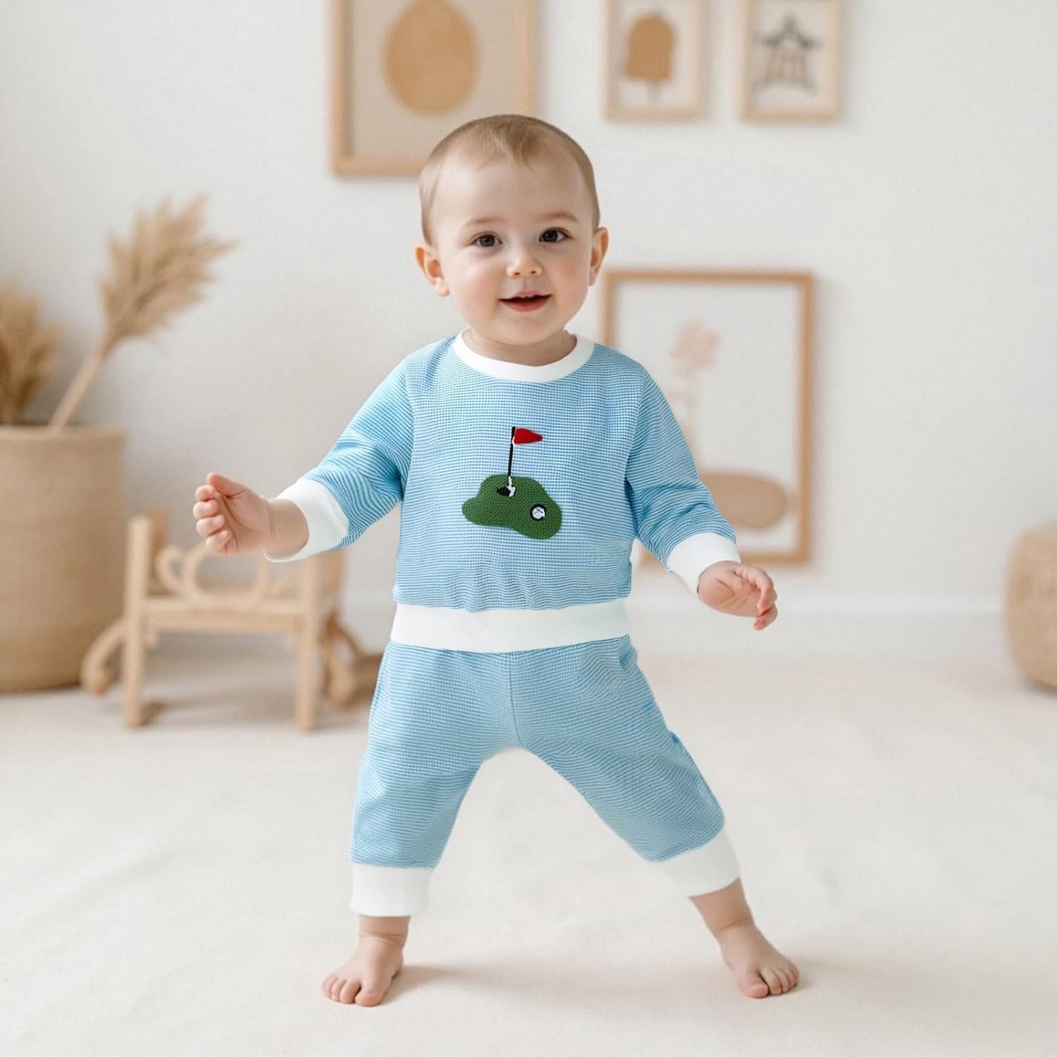 Toddler Baby Boy Golf Outfit Hole in One Embroidery Striped Sweatshirt Top Long Pants Set Fall Winter Golf Clothes - Image 3