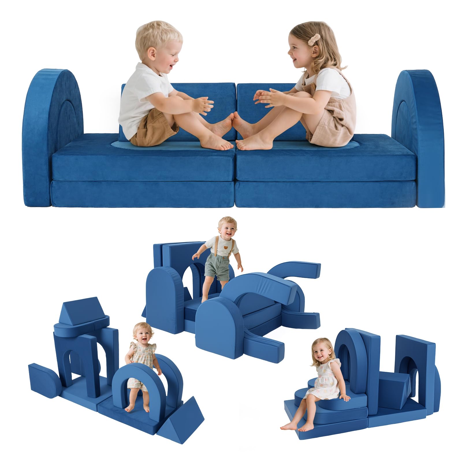 Kids Modular Play Sofa Convertible Foam Play Mat, Transformable Into a Game Rock Box, Enhances Children's Creativity, Perfect for DIY Creative Games for Boys and Girls (Blue)