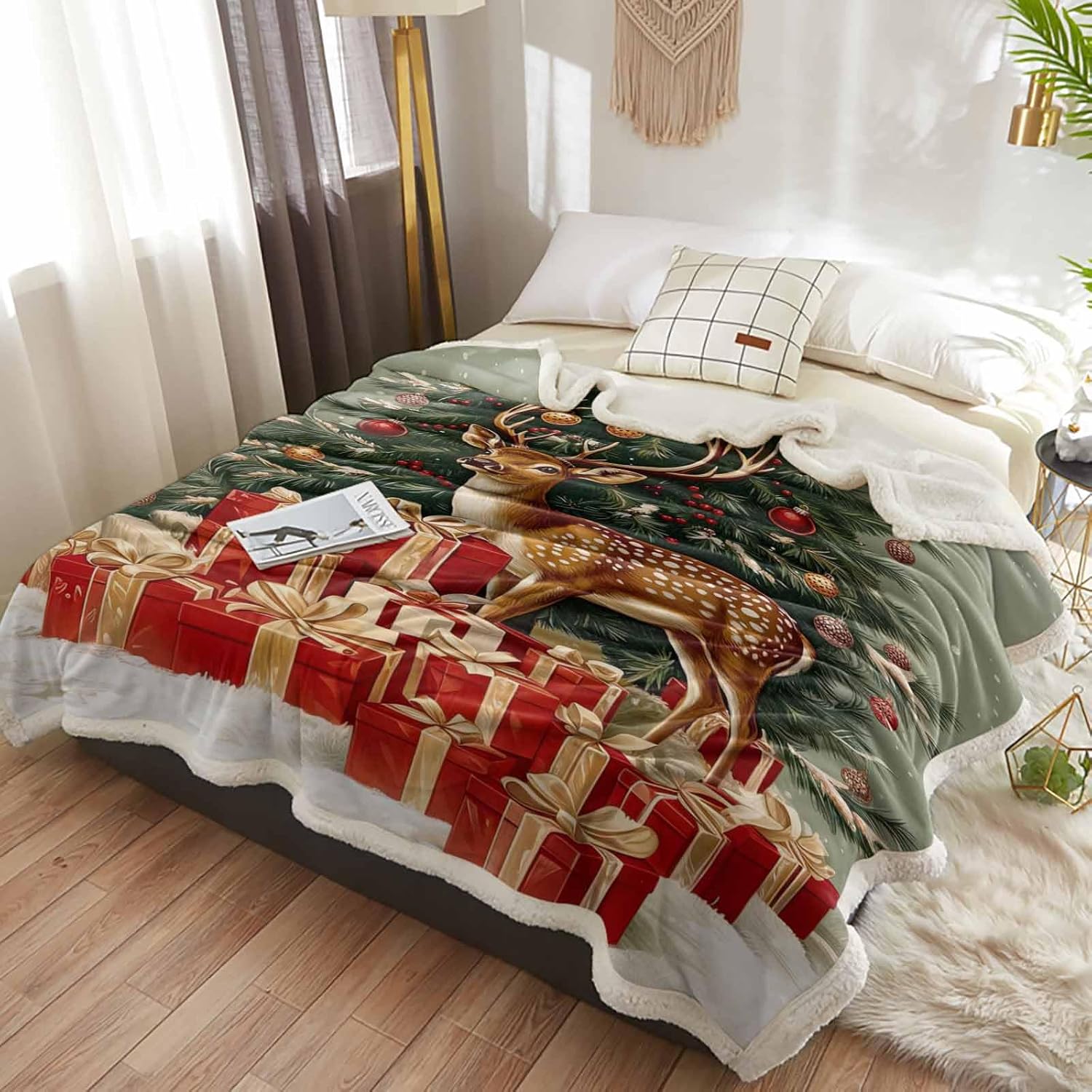 Christmas Sherpa Blanket Xmas Tree Reindeer Sherpa Throw Blanket Soft Cozy Fuzzy Ball Gifts Snow Scenery Fleece Flannel Plush Blankets Warm Throw Blankets for Couch Sofa Bed 50" x 60"