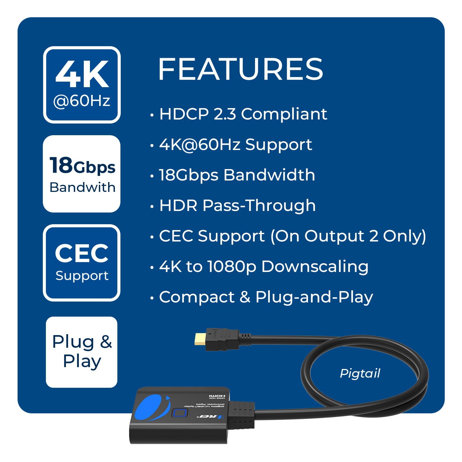 OREI Répartiteur HDMI 4K 1 entrée 2 sorties 4:4 8 bits - Boitier HDMI 2.0, HDCP 2.2, 18 Gbit/s, 4K @ 60Hz HDMI Duplicateur/distributeur UltaHD haute résolution 1x2 (UHDS-102C)
