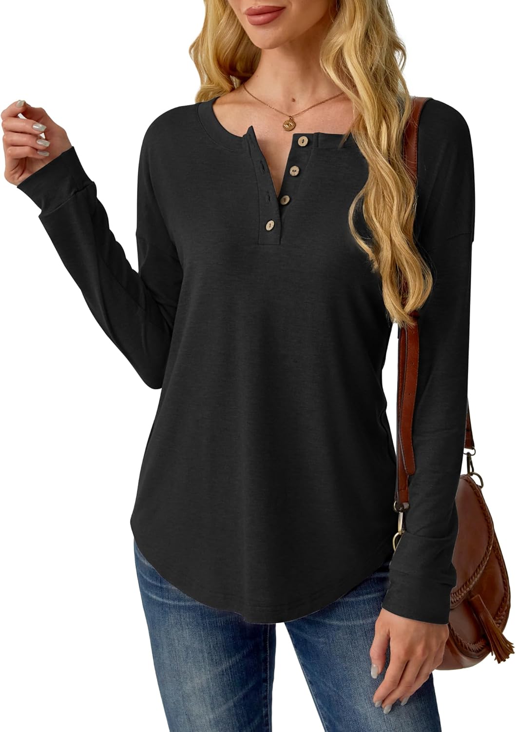 Womens Henley Tops Long Sleeve Shirts Button Pullover Loose Fit Henley Neck Lightweight Tunic Blouse - Image 4