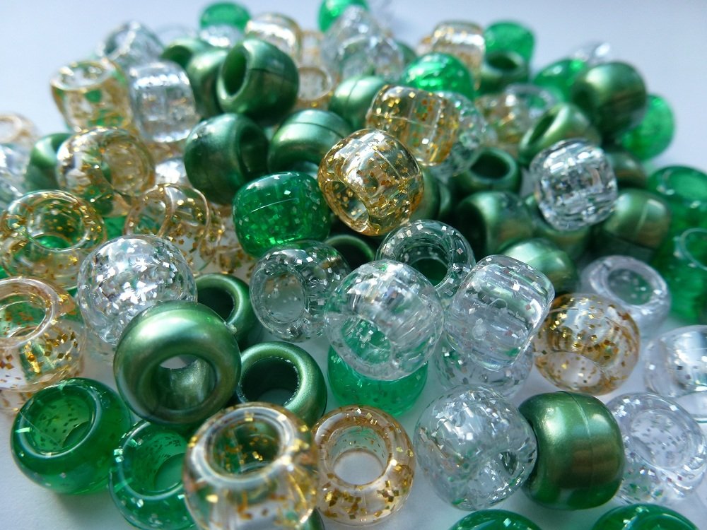 Beads And Charms Green 100 X Pony Beads 9X6mm Glitter Sparkle Mix - Plastic Barrel Craft Beads