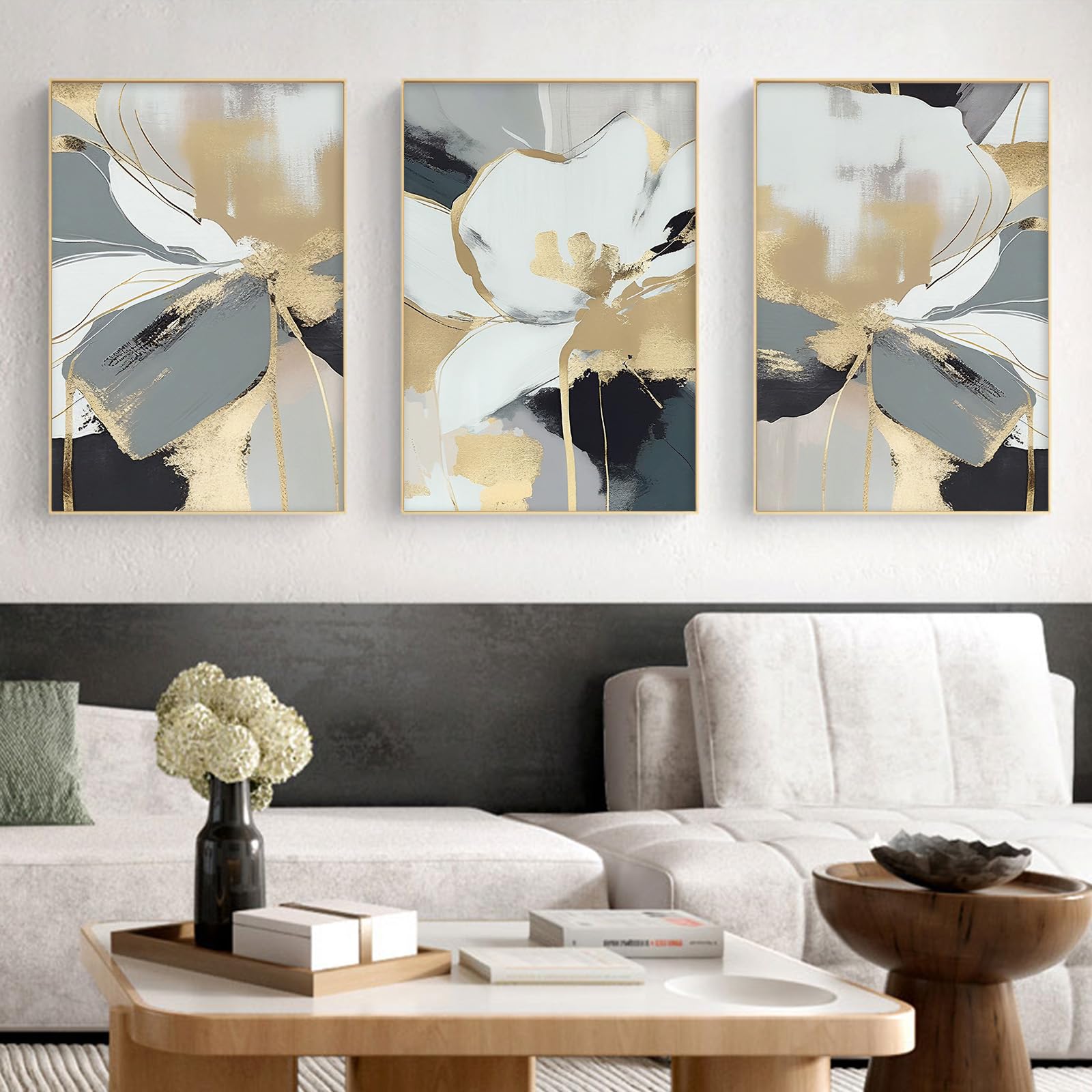 JCSMHVLABeige and Grey Abstract Wall Art Abstract Flower Pictures Grey and Gold Abstract Art Prints Set of 3 Neutral Modern Painting 16x24inx3 No Frame