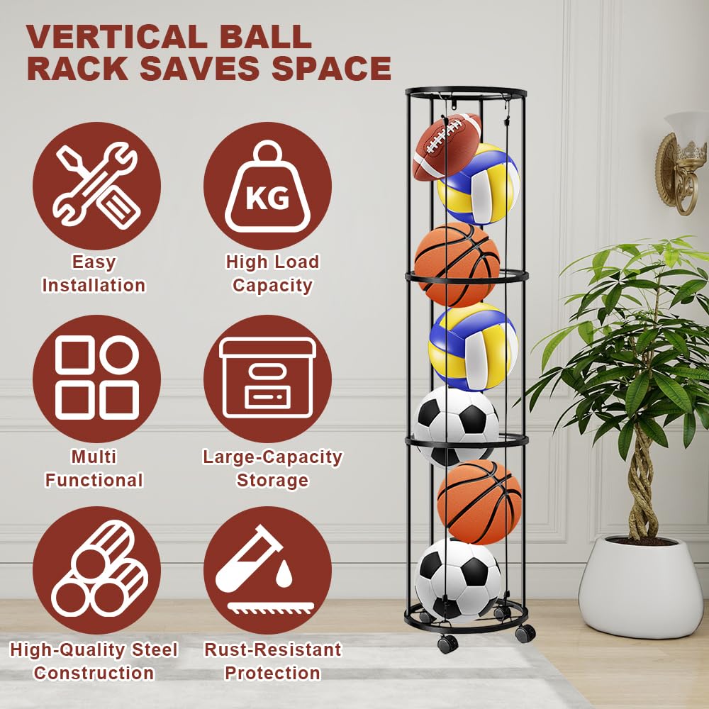 3 Tier Ballständer mit Rollen, Ball Aufbewahrung garage, Ballaufbewahrungskäfig-Ballhalter, Vertikales Ballaufbewahrungsregal, Garage Organizer für Sportgeräte Basketball Fußball Volleyball