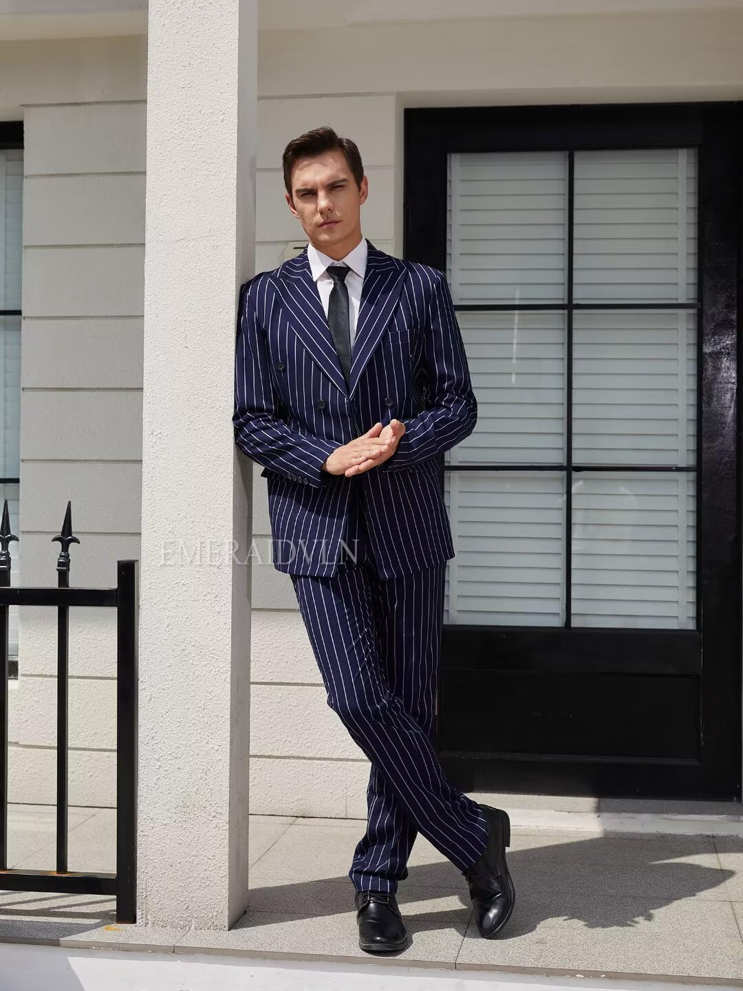 EMERAIDVLN Mens 2 Piece Suits Pinstripe Double Breasted Gomez Addams Costume Halloween Party Prom Stripe Blazer and Pants Set