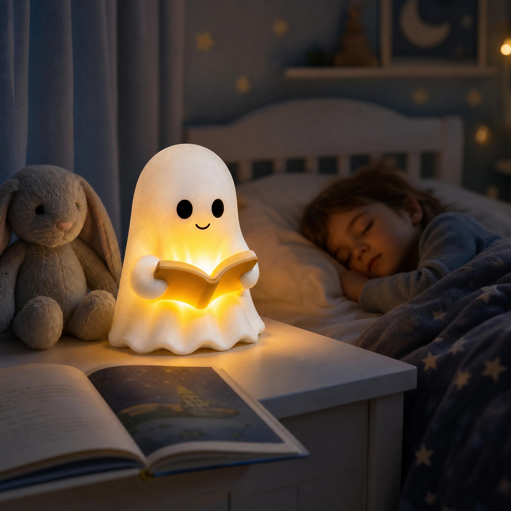 Reading Ghost Night Light, Cute Ghost Holding a Book, Warm Glow Decorative Lamp for Bookshelf, Bedroom and Bedside Table, Halloween Decor, Gift for Book Lovers