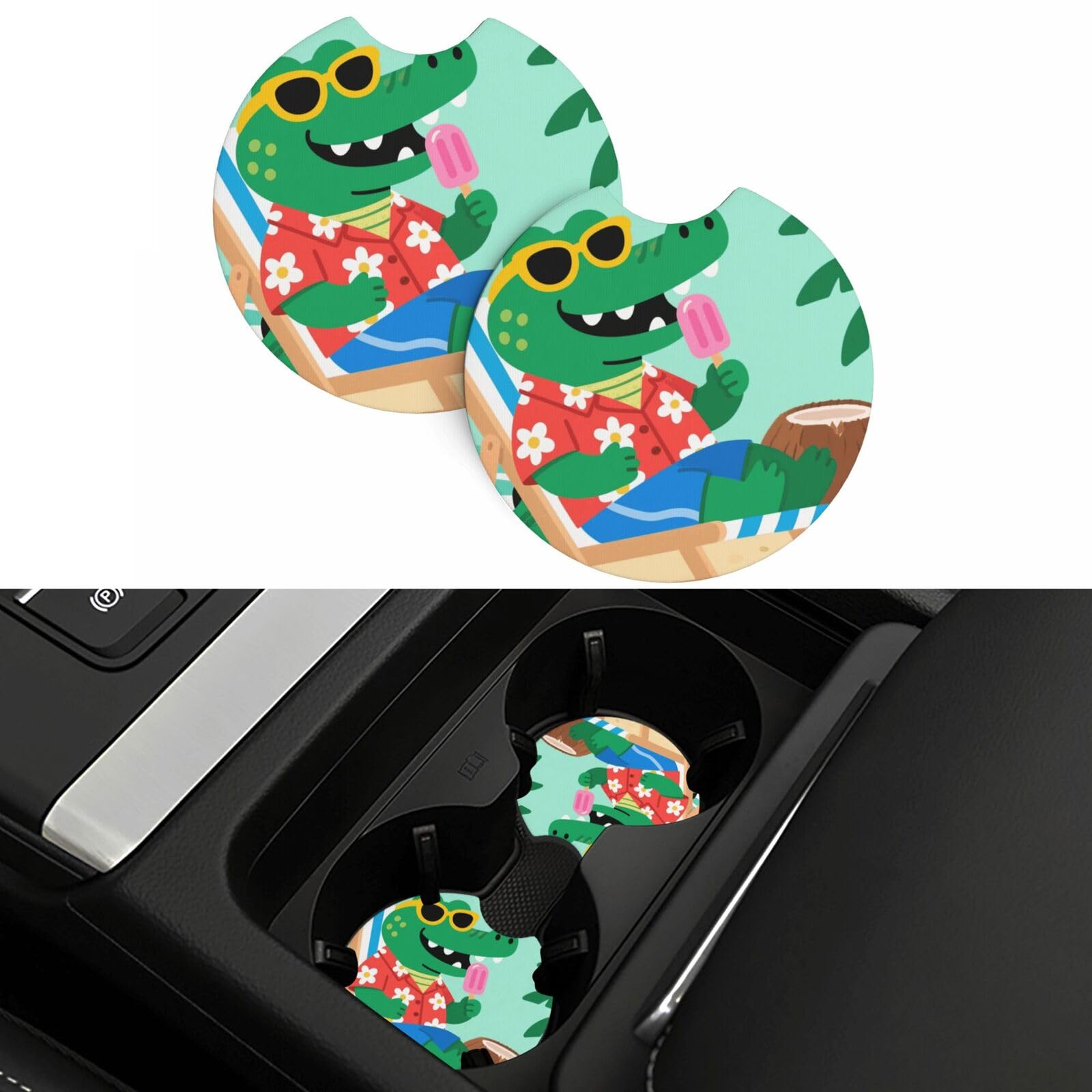 2 Pack Car Coasters,2.7" Universal Car Cup Holder Coasters Non-Slip Neoprene Cup Pad Mat Coaster Car Interior Accessories for Women Men Cute Alligator
