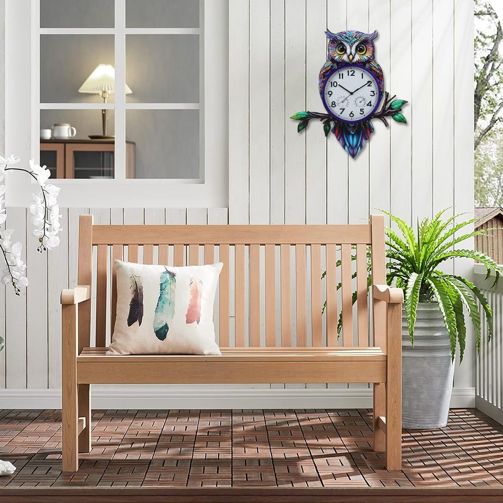 Große Außenuhr mit Thermometer & Luftfeuchtigkeit, Eule Außenwanduhr, geräuschlos, kein Ticken, Außenuhr für Terrasse, Wohnzimmer, Küche