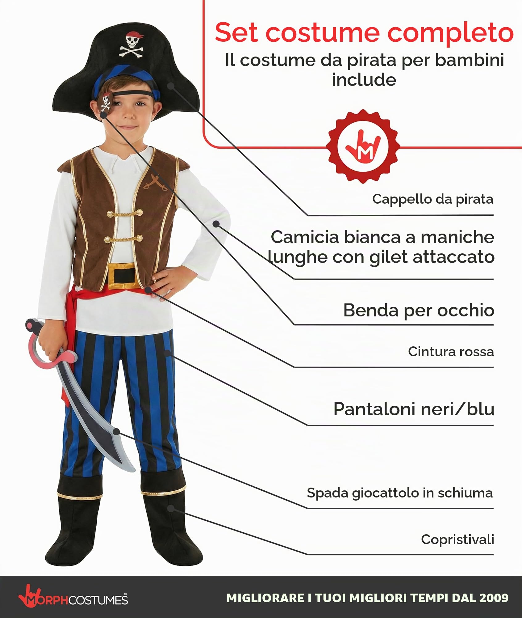 Morph Costume Pirata Bambino, Costume Halloween Bambino | Camicia con Gilet, Pantaloni, Cappello & Spada, Da Infilare, Perfetto per Halloween, Ideale per il Gioco di Ruolo