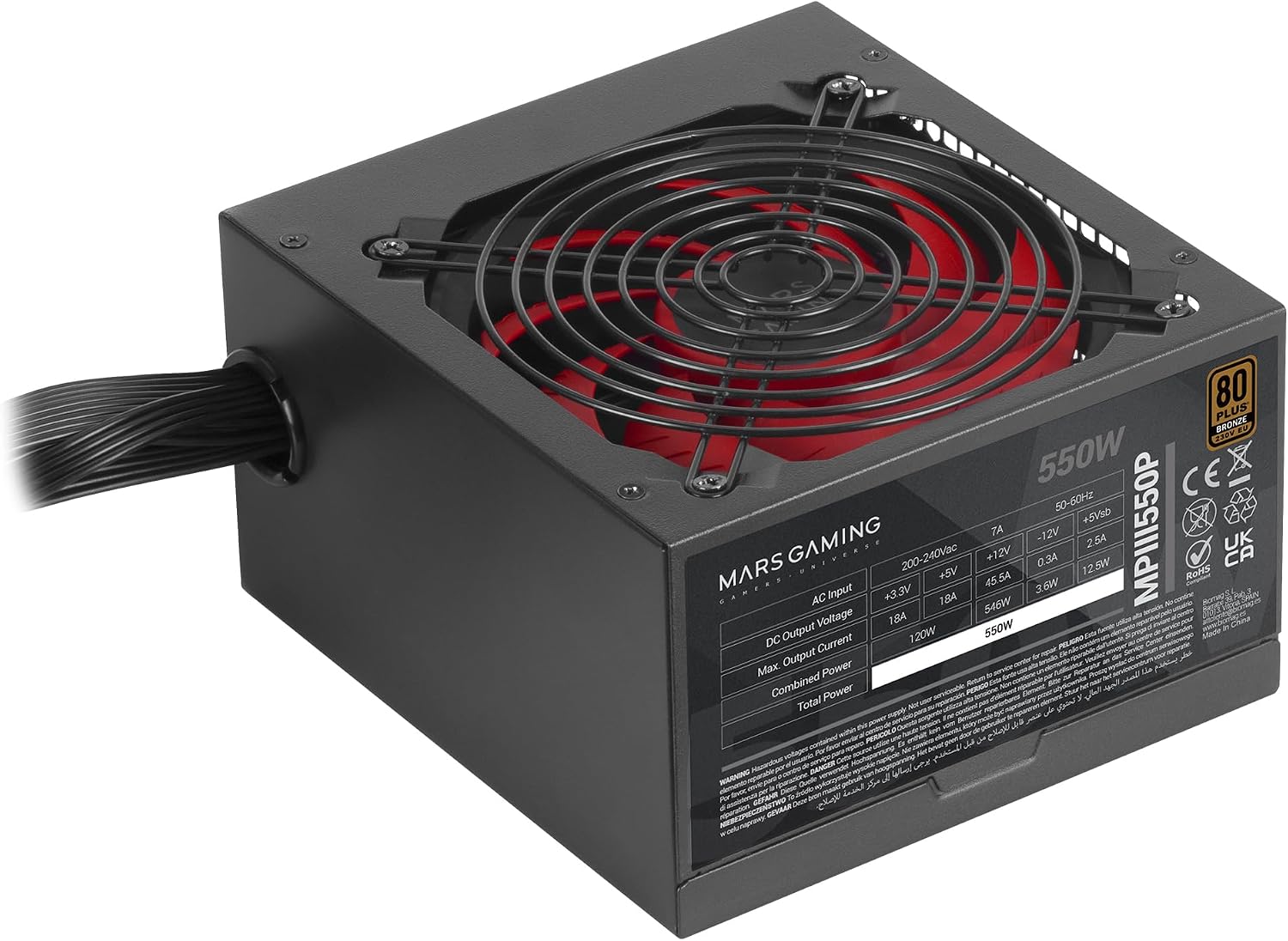 Mars Gaming MPIII550P Fuente ATX 550W 80 Plus Bronze 5 Años Garantía Negro | Certificado 80Plus Bronze, Eficiencia Energética 86%, Sistema Digital APFC, Ventilador FDB 120mm AI-RPM, DC-DC y SMD 3