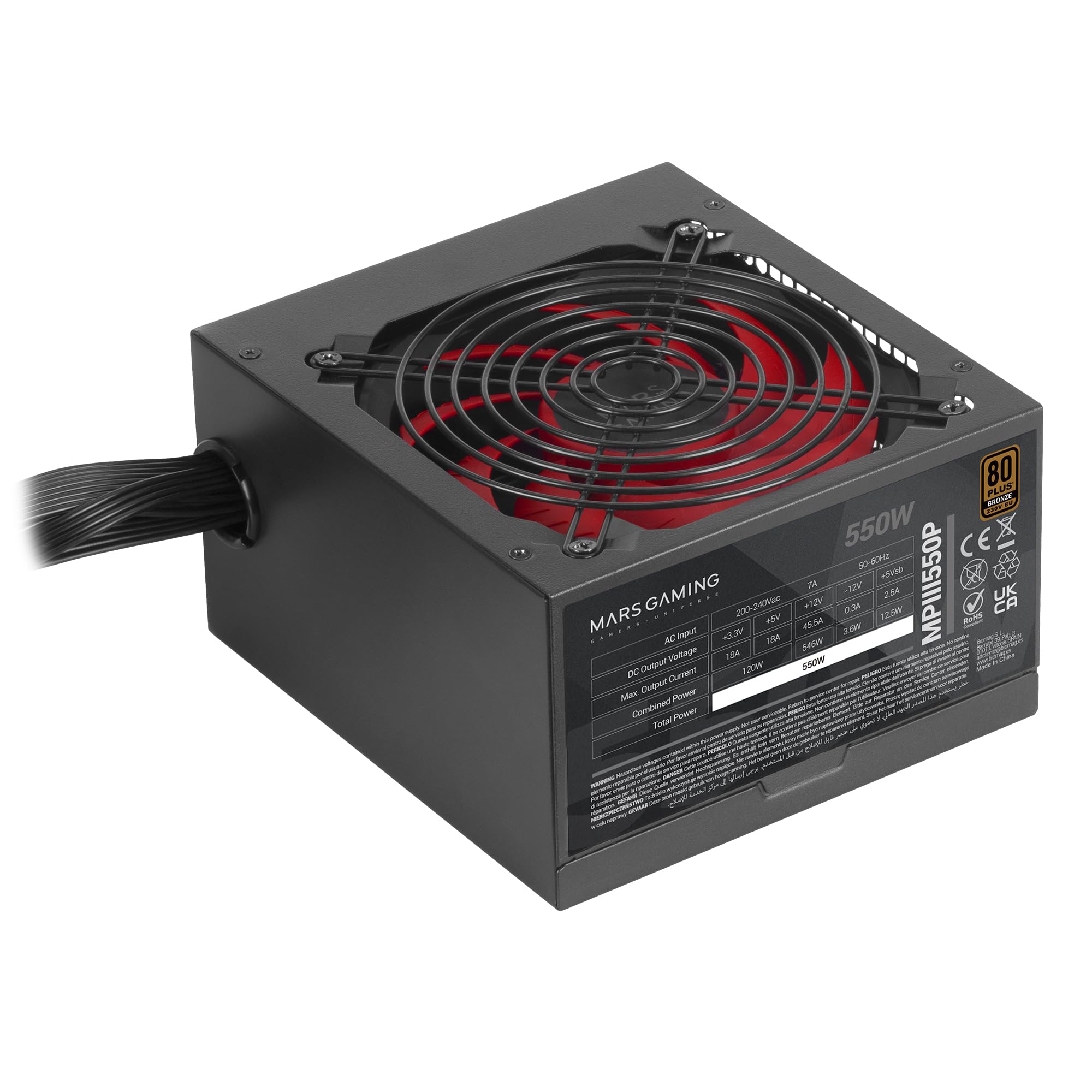 Mars Gaming MPIII550P Alimentation ATX 550W, 80 Plus Bronze, Noire | Garantie 5 Ans, Certification 80Plus Bronze, Efficacité 86 %, APFC, Ventilateur FDB 120mm AI-RPM, DC-DC et SMD