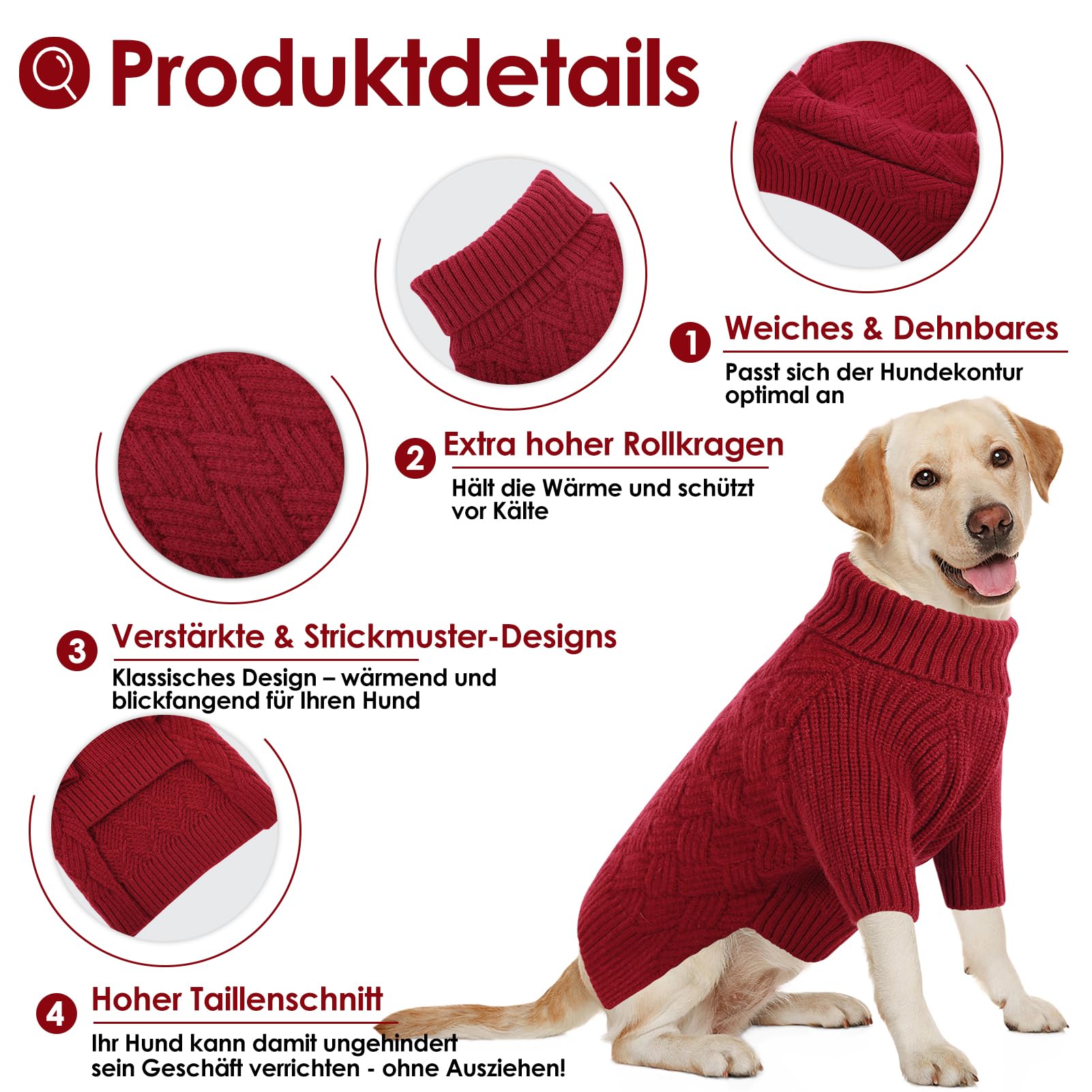 AOFITEE Hundepullover Mittelgroße Hunde, Warm Weihnachts Hundepullover Rollkragen Strick Rot Hunde Pullover Christmas Sweater, Winter Hundebekleidung Pullover für Französische Bulldogge, Malteser