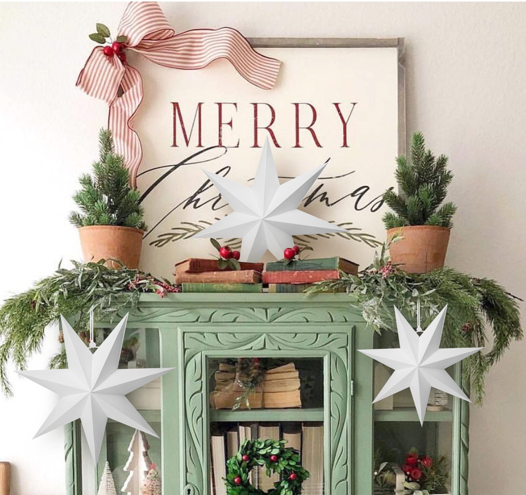 Christmas Paper Star Lanterns Frosted White, 7-Pointed Hanging Paper Lanterns 3 * 30cm+2 * 40cm, Scandinavian Ceiling Lampshade Hanging Ornaments for Wedding Birthday Xmas Holiday Home Party