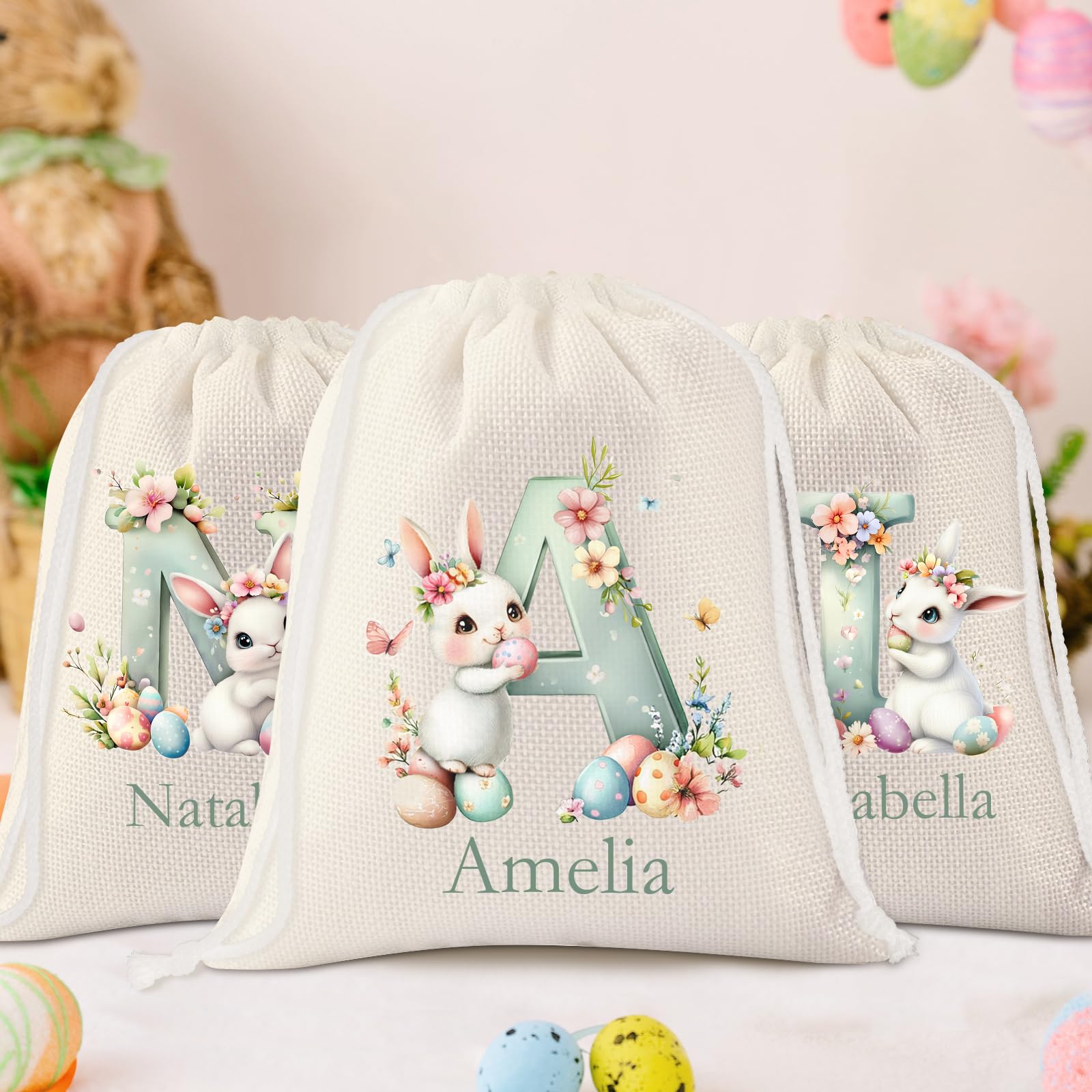 Personalised Easter Gift Bags, Custom Name Cotton Easter Sack Rabbit Bunny Bag Monogtam Initial Sacks for Gift Party Supplies — image 1