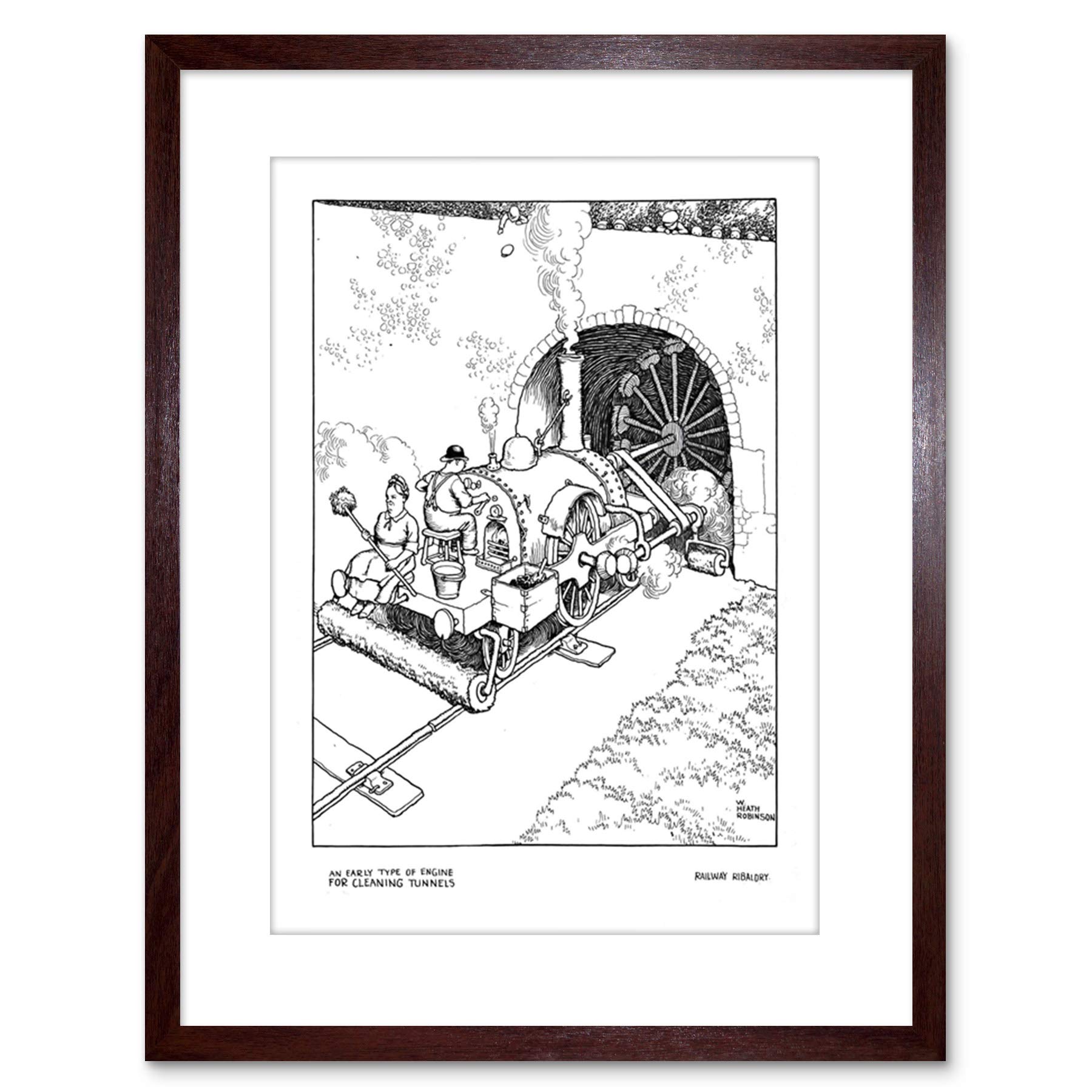 Wee Blue Coo EARLY TYPE ENGINE FOR CLEANING TUNNELS HEATH ROBINSON FRAMED ART PRINT F97X10285