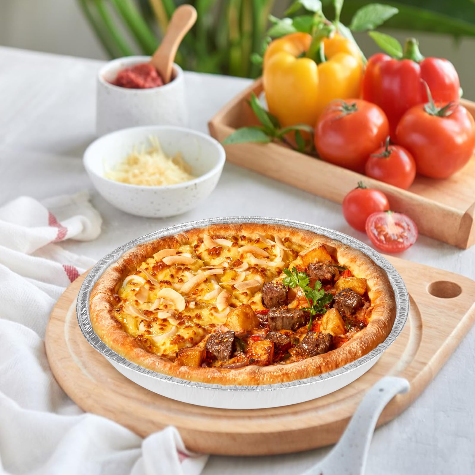 Confezione da 50 teglie rotonde usa e getta in alluminio per pizza personale, teglia rotonda da 28 cm, per biscotti, torte, focacce, congelatori e forno