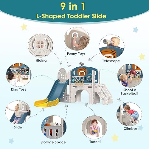 Miniatura 3 de BIERUM Tobogán 9 en 1 para niños pequeños de 1 a 3 años con lanzamiento de anillo, aro de baloncesto y telescopio, juego para interiores y