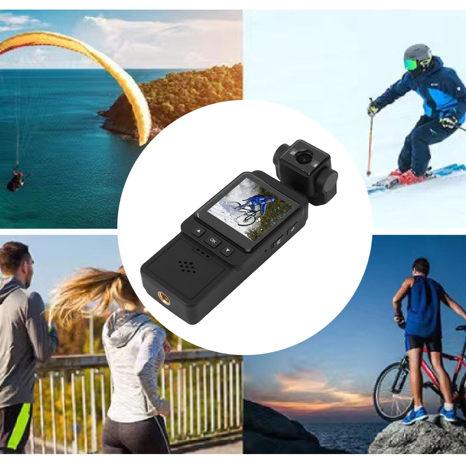 Caméra d'action Portable 1080P, Caméra Sport avec Stabilisation 6 Axes, Écran 1.54", Objectif Rotatif 360°, Caméra Vélo Étanche IP65 WiFi pour Moto Voyage
