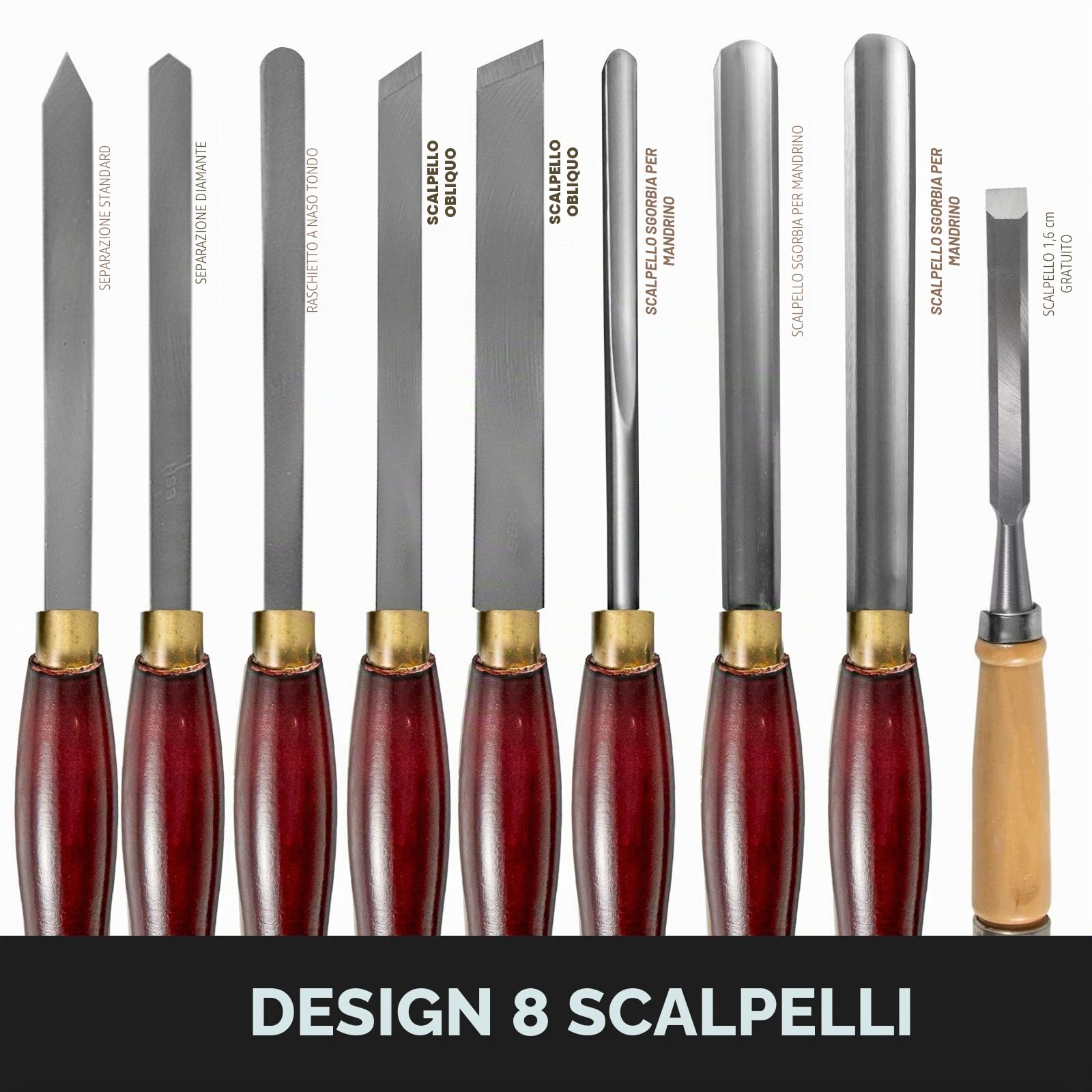 VEVOR Utensili di Tornitura per Legno 8 pezzi Set di Scalpelli per Legno con Lama in Acciaio ad Alta velocità HSS con Custodia, Impugnatura Comoda, per Progetti di Intaglio di Mobili