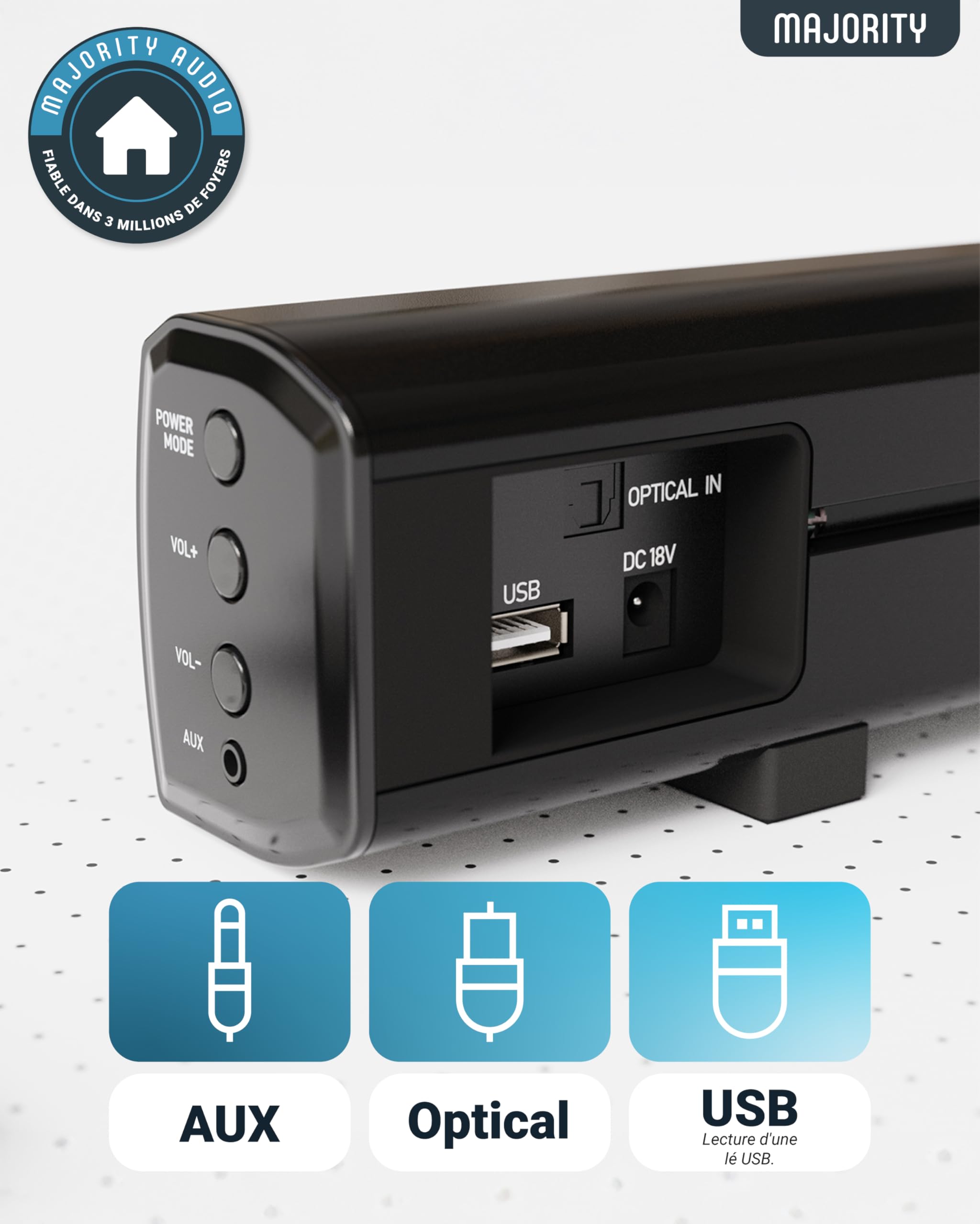 Majority Bowfell 50W Barre de Son TV Bluetooth | Enceinte TV Home Cinema 2.0 | Barres de Son avec Entrée Optique, RCA, USB, MP3 et AUX | Réglages Personnalisés de L'égaliseur et Télécommande