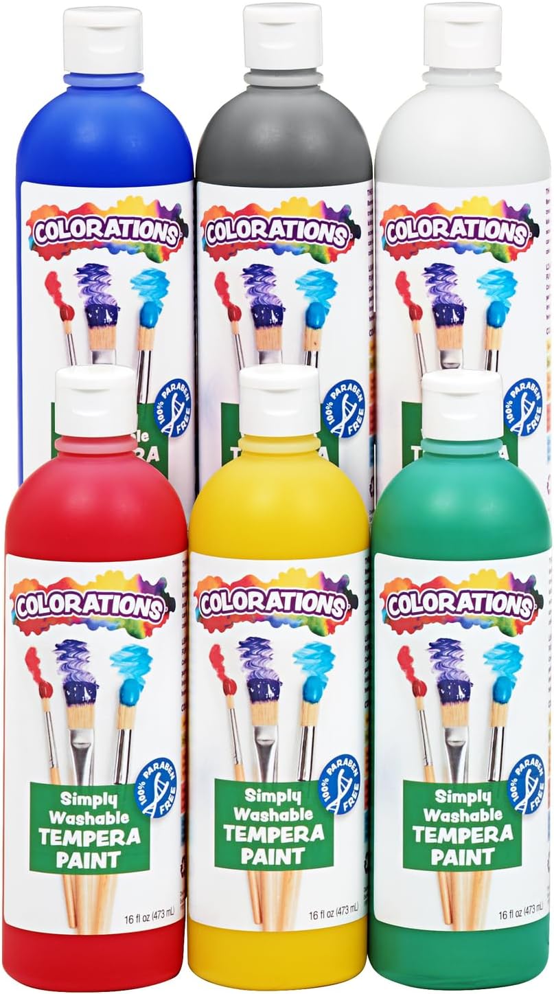Colorations Washable Tempera Paint Set, 6 Colors, Non-Toxic, Vibrant, Kids' Art Supplies