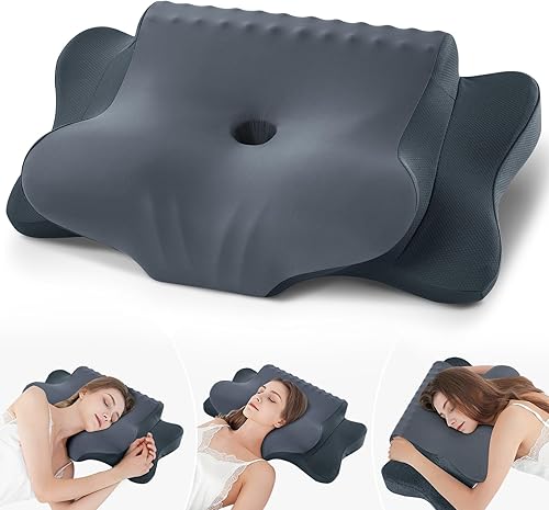 Miniatura 13 de Almohada Cervical para Alivio del Dolor de Cuello, Almohada Ortopédica Ergonómica de Doble Cara con Enfriamiento con Funda de Seda de Hielo, Gris