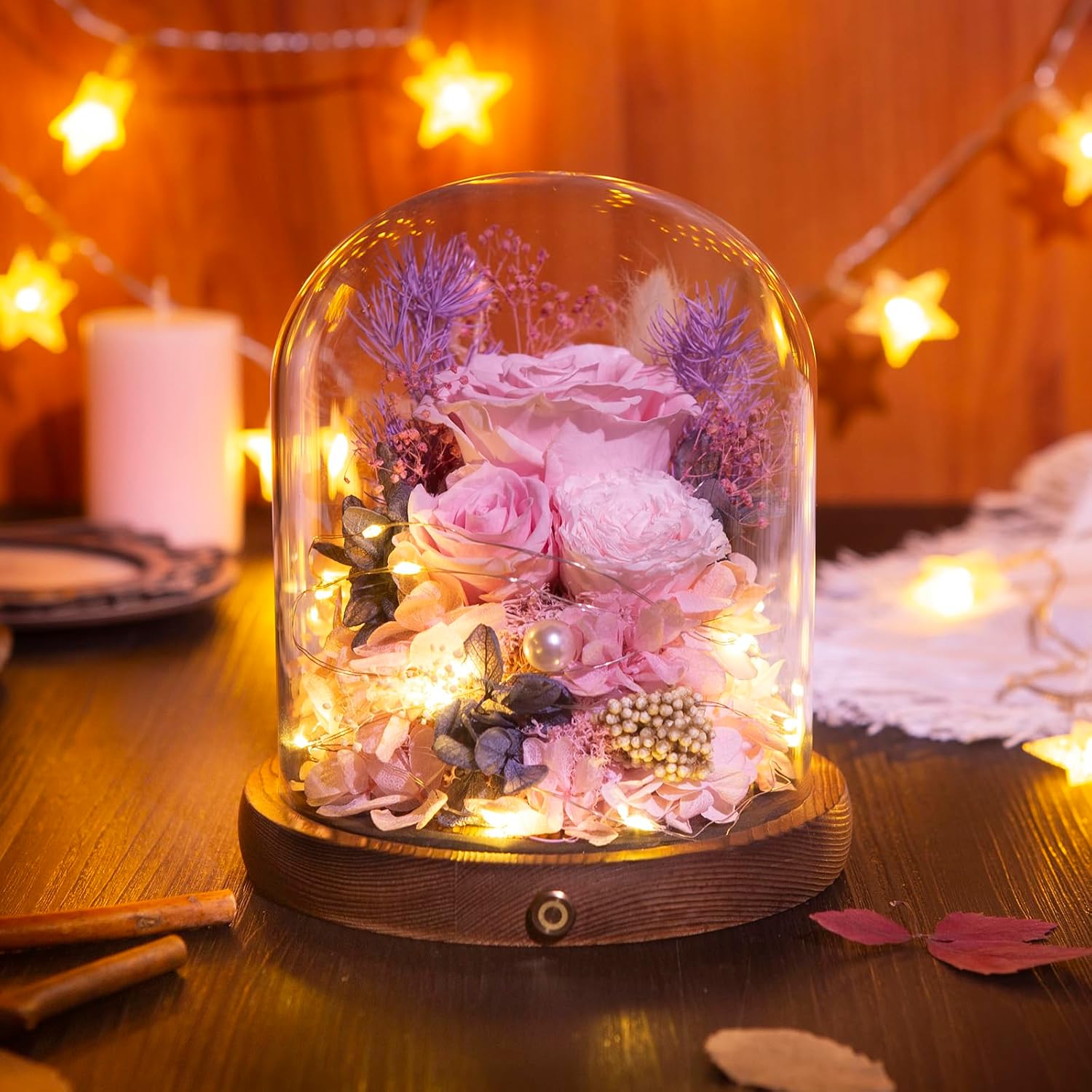 Large Preserved Flowers with Card&Box-Flowers for Delivery Prime,Eternal Rose with Lights,Roses in Glass Dome,Romantic Gift for Her,Decoration,Fresh Rose Flowers for Mom, Birthday, Anniversary (Pink) - Image 3