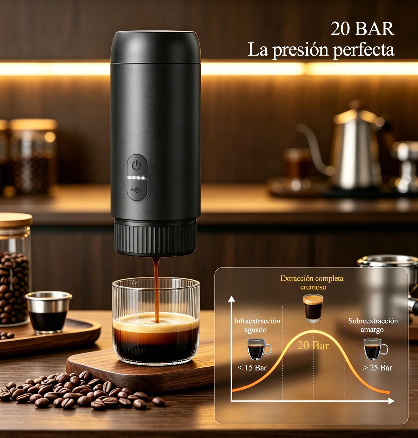 Cafetera espresso eléctrica portátil, para café molido y cápsulas | Cafetera de viaje 2 en 1, presión 20 bares, recarga USB-C, diseño compacto, para camping, coche y picnic