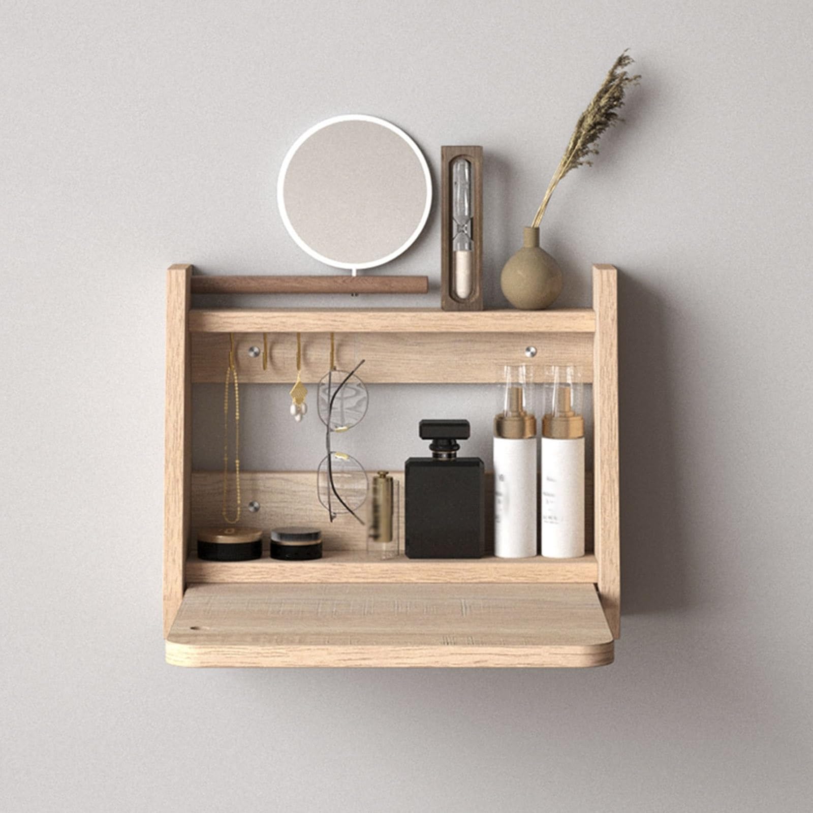 BKSXSOP Wall-Mounted Floating Vanity Makeup Table with Mirror, Space-Saving Small Dressing for Bedroom or Bathroom, Stylish Wood Shelf (40cm, Color)