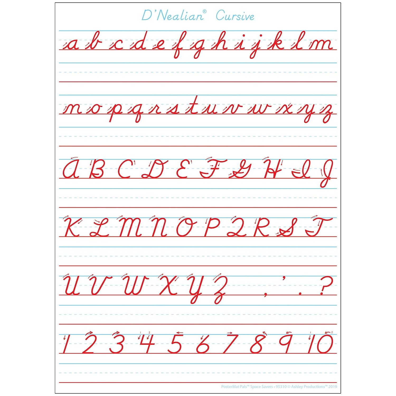 Ashley Productions Smart Poly Single Sided PosterMat Pals Space Savers, D'Nealian Cursive Handwriting, 13" x 9.5"