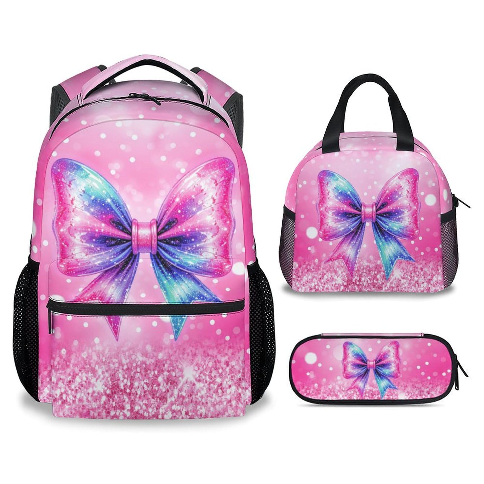 MEETUHONEY 3PCS Bow Backpack for Girls, Kids Backpacks with Lunch Box Set for Kindergarten School, Bowknot Bookbag and Pencil Pouch Bundle for